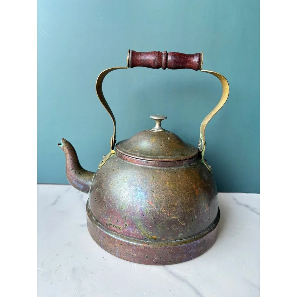 Vintage Copper Tea Kettle Vintage Brass Handle Wood Grip Primitive Rustic Decor